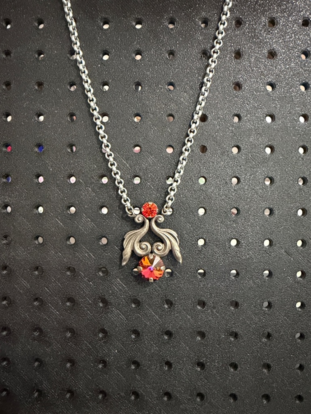 Sabika Silver Leaf Necklace with Red Crystals